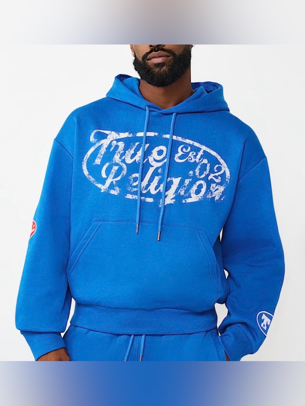 True Religion Logo Patch Boxy Pullover Hoodie Lapis Blue Size XS